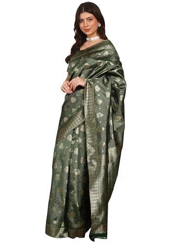 Banarasi Silk Saree for Women –Rich Gold Zari Border & Brocade Blouse, Perfect for Weddings & Celebrations (Green)