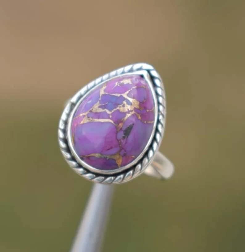 Purple Copper Turquoise Ring, 925 Silver Plated, Pear stone Ring, Purple Mojave Turquoise Ring, Trending Ring, Purple Stone Ring, Gemstone Ring, Bohemian Ring, Hippie Ring, Women Ring, Daily Wear Ring