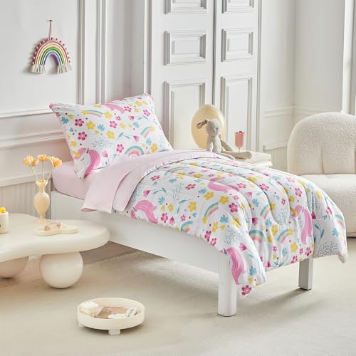 Image of Unicorn Toddler Bedding Set for Girls Light Pink Unicorn Flowers 4PC Toddler Bed Set - Soft Blue Yellow Floral Rainbow Cute Princess Toddler Bed in a Bag with Pink Sheet Set and Pillow Shams