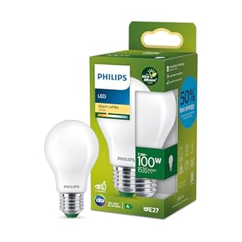 Foto di Philips LED Lampadina Goccia Classe A Ultra Efficiente a Risparmio Energetico, Vetro Smerigliato, 100W, E27, Luce Bianca Calda, Non Dimmerabile