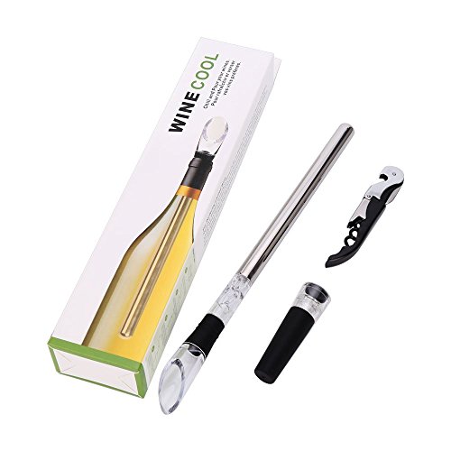 Newward Iceless Wine Chiller, 3-in-1 Stainless Steel Wine Bottle Cooler Stick with Aerator and Pourer - Includes a Waiter's Corkscrew and Stopper
