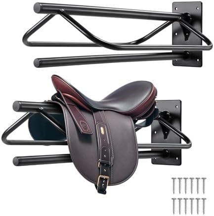 VEVOR Saddle Rack with Pad Bar, 23.8 x 12.6 x 10.2 in, 2 Packs Wall Mounted Saddle Stand, Heavy-Duty Steel Saddle Holder, Western & English Saddle Rack for Horse Stall, Barn, Trailer, Tack Room