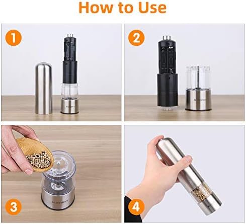 KZGRIT Electric Salt and Pepper Mill Set, Battery Operated, Ceramic Grinding Blade, Automatic Stainless Steel Grinders Shakers with LED Light and Adjustable Coarseness(2 Pack, Silver)