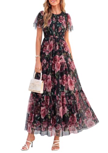 Image of PRETTYGARDEN Women Tulle Floral Flowy Maxi Dress, Black Floral,S