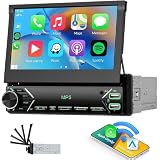 Autoradio 1 DIN Wireless CarPlay Android Auto, Schermo Retrattile da 7 Pollici Touch Screen con Bluetooth, FM, Telecamera posteriore, Comandi al Volante