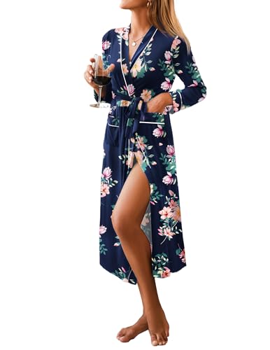Image of Ekouaer Women Kimono Robes Full Length Knit Bathrobe Lightweight Soft Sleepwear V-neck Casual Ladies Loungewear S-XXL