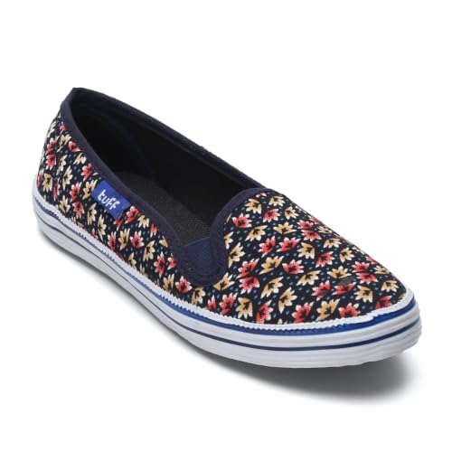 Image of TUFF Women's Canvas Slip-On Sneakers, Navy and Red Floral Print, Rubber Sole, Casual Jutti,Bellies