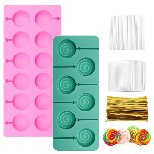 GTNCE Lot de 2 moules à cake pop, en silicone, avec 2 moules en silicone, 100 bâtons, emballages torsadés, accessoires de décoration pour sucettes, bonbons...