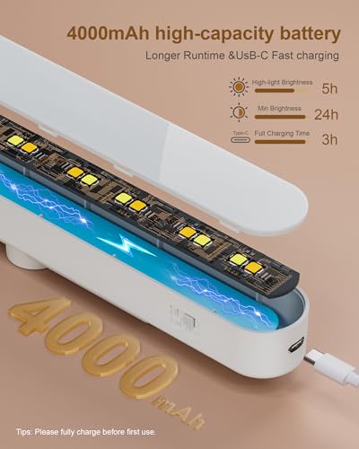 Yarnock LED Vanity Lights for Mirror, White Wireless Makeup Mirror Lights with 4000mAh Battery, 3 Color Temperatures & Dimmable, Magnetic 360° Rotation, Stick On Design for Bathroom & Vanity