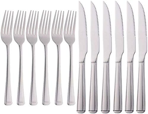 Meisha Harley Pattern Steak Knife and Fork Set, Silver Table Knife Set, 6 Steak Knives & 6 Dinner Forks, Stainless Steel Professional Serrated Steak Knives for Multipurpose (Pack of 12)