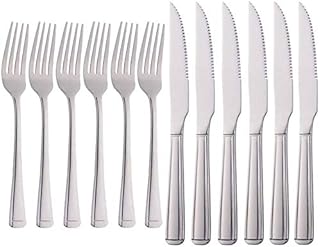 Meisha Harley Pattern Steak Knife and Fork Set, Silver Table Knife Set, 6 Steak Knives & 6 Dinner Forks, Stainless Steel Professional Serrated Steak Knives for Multipurpose (Pack of 12)