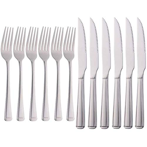 Meisha Harley Pattern Steak Knife and Fork Set Silver Table Knife Set 6 Steak Knives & 6 Dinner Forks Stainless Steel Professional Serrated Steak Knives for Multipurpose (Pack of 12)