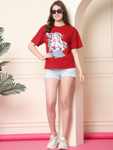 Image of Preneum Women's Cotton Cool Graphic Printed Baggy Fit Drop-Shoulder Sleeves Cotton Oversized T-Shirt