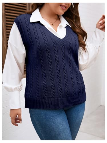 OYOANGLE Women's Plus Size Pullover Ribbed Solid Color Cable Knit Vest Top Sleeveless Stretch Sweater Vest4