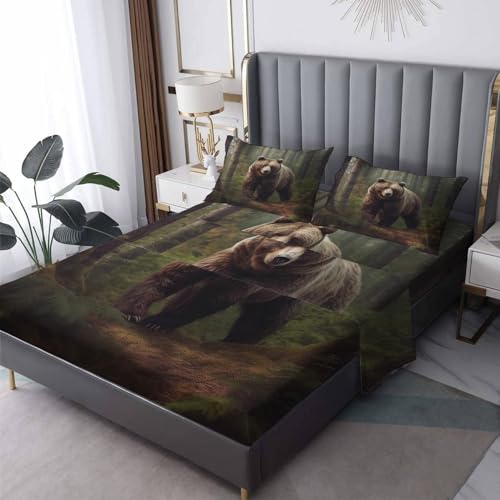 zcsm Bear Sheets California King Sheet Sets - Wild Animal Bed Sheets, Soft Microfiber & Deep Pocket & Wrinkle Free Patterned Bedding Sheets & Pillowcases, 1 Fitted Sheet, 1 Flat Sheet, 2 Pillow Cases