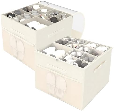 Shoe Organizer for Closet,2Pack Fabric Shoe Storage Box with Clear Lid and Mesh Pockets, Shoe Storage Bins with Adjustable Dividers Space Saving Design Fits 16-32 Pairs,Beige