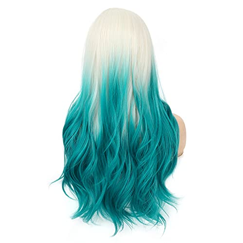Baruisi Platinum Blonde To Blue Wig Long Wavy Natural Synthetic Middle Part Halloween Cosplay Wigs For Women #TOP4