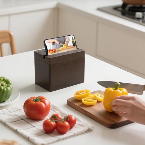 Dahey Double Slots Recipe Box Wooden Recipe Organizer with 100 Recipe Cards and 6 Dividers, Rustic Recipe Cards and Box Set with Phone Holder to Write in Your Own Recipes for Cooking Lovers Kitchen