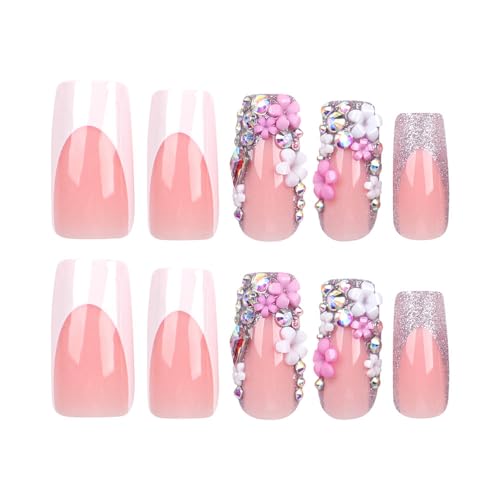 BAOYAALIN Square Press on Nails Medium Long French Tips Whtie Glitter Fake Nails with 3D Flower Design Gel Glue on Nails for Women Girls Acrylic False Stick on Nail Manicure for Wedding 24Pcs - Thumbnail 3