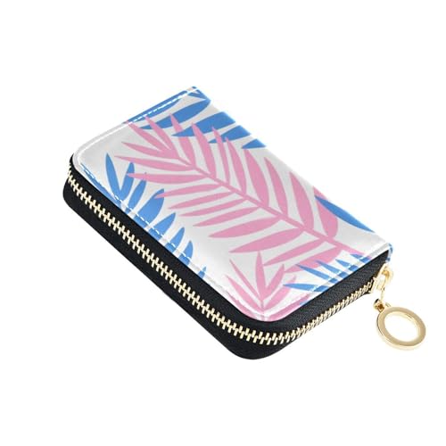 Pink and Blue Palm Leaves leather credit card holder wallet With 9 cards slot RFID Blocking men card holder with zipper