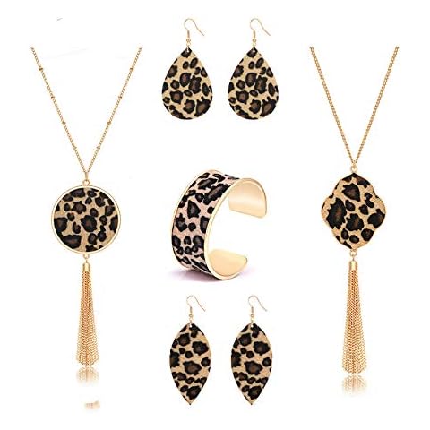 ZOLEAROPY Leopard Jewelry For Women Statement Leopard Cuff Bracelet Teardrop Leaf Earrings Long Tassel Pendant Necklace Set Cover