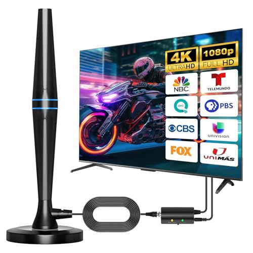 Indoor TV Aerial - Digital Freeview TV Aerial Indoor 360°& 280+ Miles Long Range Reception Smart TV Antenna Indoor with Signal Booster Support 4K/1080P/VHF/UHF and All TV (Black)