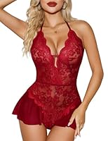 Yuson Girl Damen Sexy Dessous Unterwäsche Spitzen Babydoll mit V-Ausschnitt Negligée für Damen Reizwäsche Nachtwäsche Frauen One Piece Erotische Dessous Negligee(Burgunderrot, XL)