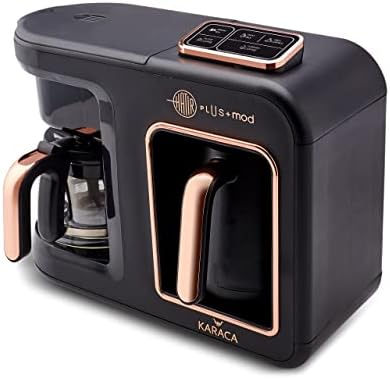 Karaca Hatır Plus Mod 5 in 1, 750ml Tea/Filter Coffee & Turkish Coffee Maker Black Copper, Tea, Milk Drink Heating, Turkish Coffee, 1385W, 5+5 Cups, Coffee Maker with Milk Frother, Brewer, Tea-pot