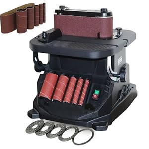 Vertikale Oszillations-Spindelschleif... & Bandschleifer, 2-in-1-Kombinationsmaschine für die Holzbearbeitung mit 5 Schleifhülsen, 10x60cm neigbarer Schleiftisch 0–45°, zum Schleifen