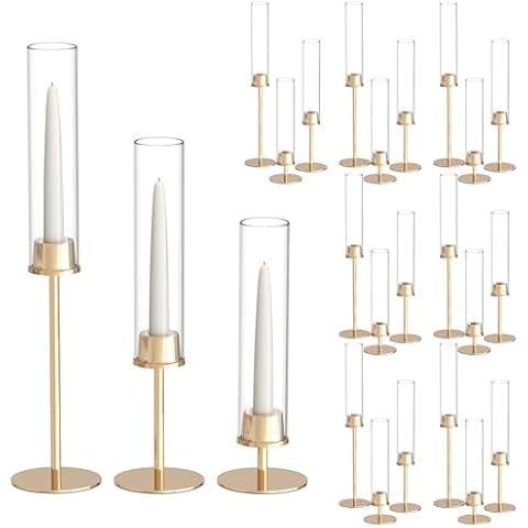 21 Pack 23.6 & 21.7 & 19.7 in Tall Gold Hurricane Candlesticks Holder with Glass Cylinder Cover - Candle Holders for Table Centerpiece (Gold) Cover