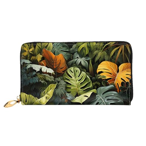 Leather Women Wallets, Long Credit Card Holder, Tropical Rainforest Palm Leaves Print Billfold Clutch & Travel Purse Large Capacity