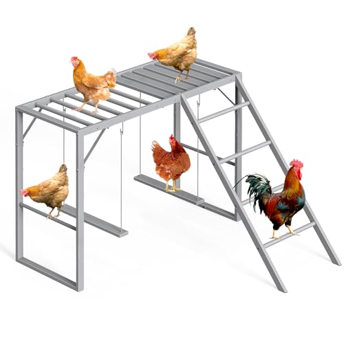 Chicken Perch Swing Chicken Roosting Bars with Ladder for Coop Metal Pet Swing Set for Pets Healthy & Happy for 8-10 Chick Grey