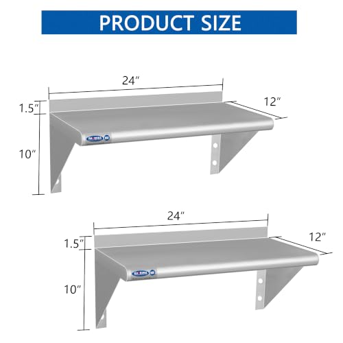 Image of HARDURA 2 Pack Stainless Steel Shelf 12 inch X 24 inch, 160LB Commercial Wall Mount Metal Shelving with Backsplash and Brackets for Kitchen, Restaurant, Laundry Room and Home