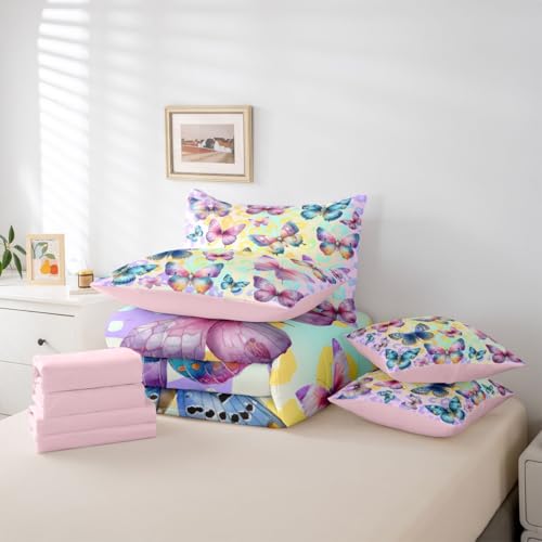Image of 3D Flying Butterfly 7 Pcs Bedding Set Twin,Gradient Leopard Print Bed in a Bag,Colorful Butterflies Bed Set Includes Comforter,Sheet Set,Pillowcases & Pillow Covers,Cottagecore Wildlife Bedroom Decor