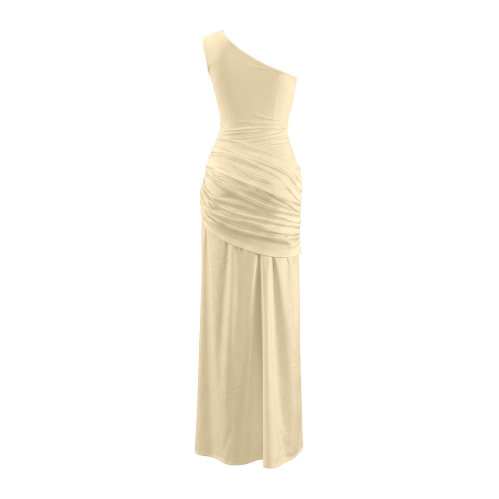 Générique Robe midi Moulante asymétrique en Satin froncée à épaules dénudées pour Femme, Coupe ajustée, idéale pour Une soirée élégante.