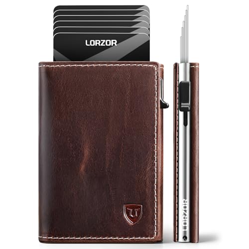 LORZOR Wallet for Men with Metal Card Holder, Pop Up Wallet, Finest Full Grain Leather Trifold Wallet, Smart, Minimalist, RFID Blocking, Front Pocket, ID Window, VintageBrown/Silver