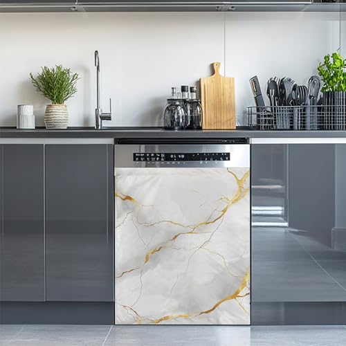 Marble Magnet Dishwasher Cover, White Gold Flow, 23x26 Inch