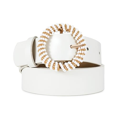 Women's White Belt Pearl Embellished Round Buckle White Leather Ladies Waist Fashion Belt for Dress Skirts