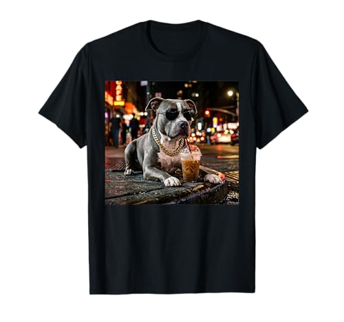Funny Pitbull Drinking Iced Coffee Dog Lover Cool Animal Dog T-Shirt