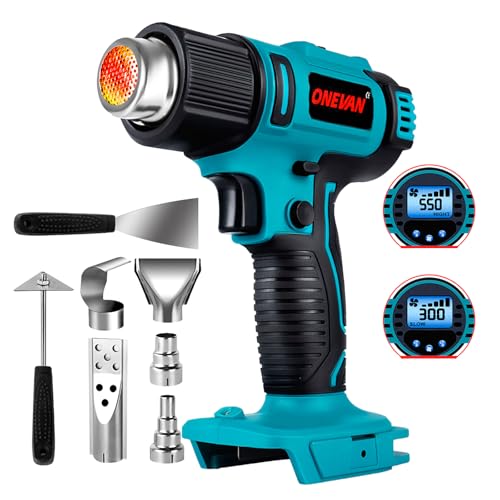 ONEVAN pistola de calor inalambrica, 50-550 ℃ pistola aire caliente para Makita 18V, pantalla LCD digital, decapador aire caliente a bateria incluye 5 boquillas y 2 raspadores (sin batería)