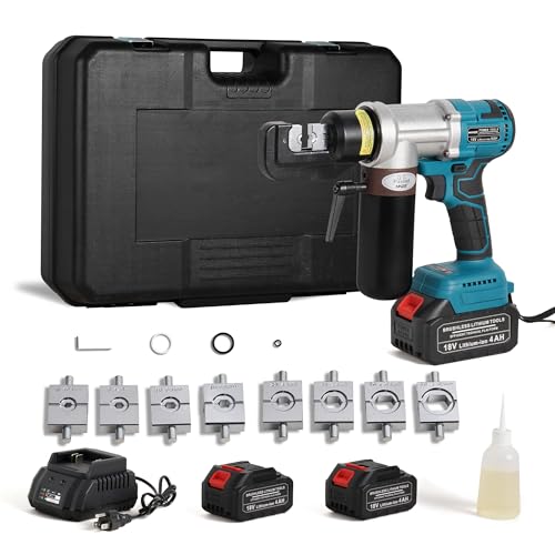 MMNZE Electric Hydraulic Cable Lug Crimping Tool 12 AWG to 2/0 AWG Rechargeable Hydraulic Electrical Terminal Cable Lug Wire Crimping Crimper Tool Kits with 8 Dies