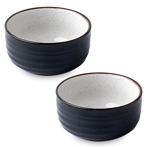 TYMYYS Ceramic Cereal Bowls Set, 400ml Breakfast Bowls, Ceramic Soup Bowls, Rice Bowl Microwave Safe-Black-Set of 2