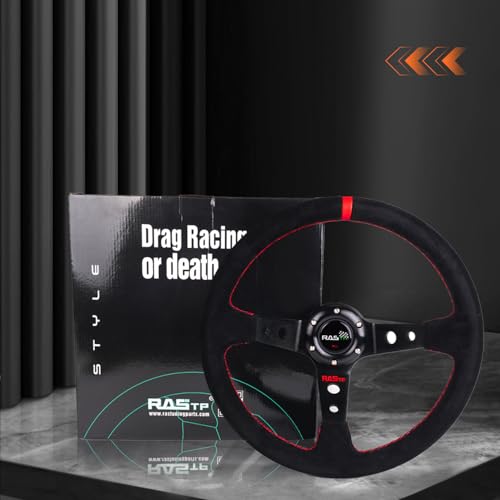 RASTP Universal Racing Steering Wheel Suede Deep Dish 13.58”/345mm 6 Bolts with Horn Button Include Cable, Wrench,Red