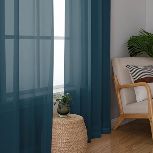 Image of Chyhomenyc Stone Blue Sheer Curtains 45 Inch Long 2 Panels, Light Filtering Rod Pocket Voile Short Curtains Drapes for Living Room Bedroom Small Windows, 42Wx45L Inches