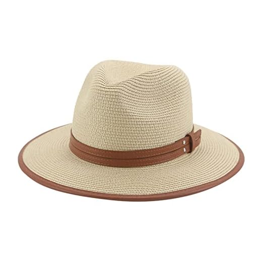 Chapéu de palha Panamá verão feminino/masculino aba larga praia boné de sol proteção UV chapéu fedora de cowboy, Bege, Tamanho �nica