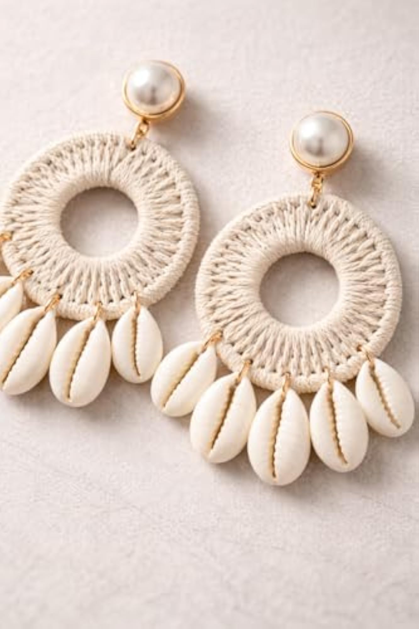 Women's Handmade Macrame Cowrie Shell Dangle Earrings, Boho Beach Style