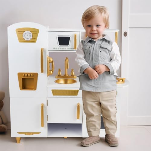 WoodenEdu Kitchen Playset for Kids Ages 3-8, Wooden Pretend Play Kitchen with Realistic Sounds, Including Telephone, Ice Maker, Refrigerator, Dimensions: 35” H x 31” W x 12” D (White)