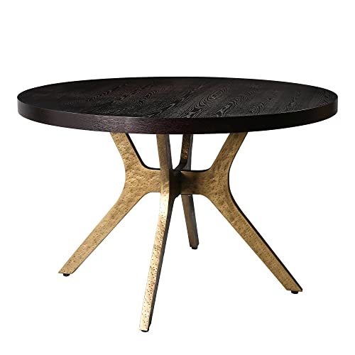 Uolfin Round Dining Table With Oak Veneer And Distressed Gold Metal Legs, 47" Diameter #TOP13