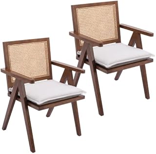 Wahson Mid Century Dining Chairs Set of 2 Kitchen Chairs in Rattan Upholstered Leisure Chair with Solid Wood Legs, Comfy Retro Armchair for Living Room/Dining Room, Walnut