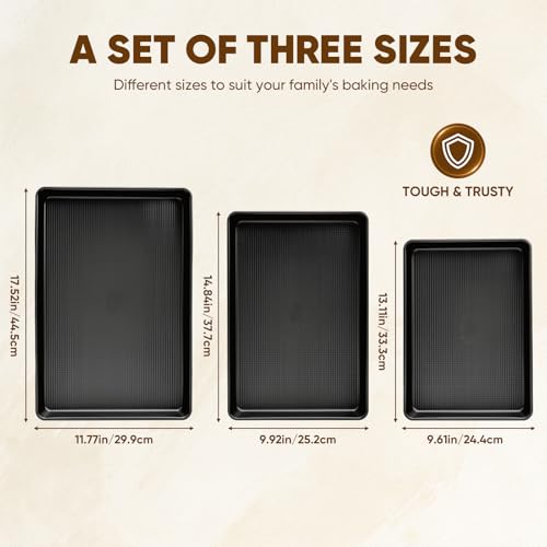 Sakerplus Nonstick Baking Sheet Pan Set of 3, Heavy Duty Cookie Sheets for Oven with Stripe Texture Pattern, 0.6mm Thick Quarter/Half/Jelly Roll Pans, Rust-Resistant & Easy Clean (Black) by SakerPlus - Image 3